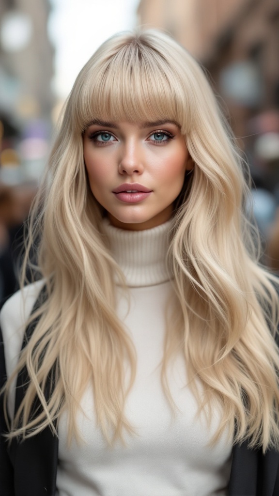 A model with long blonde hair and stylish bangs