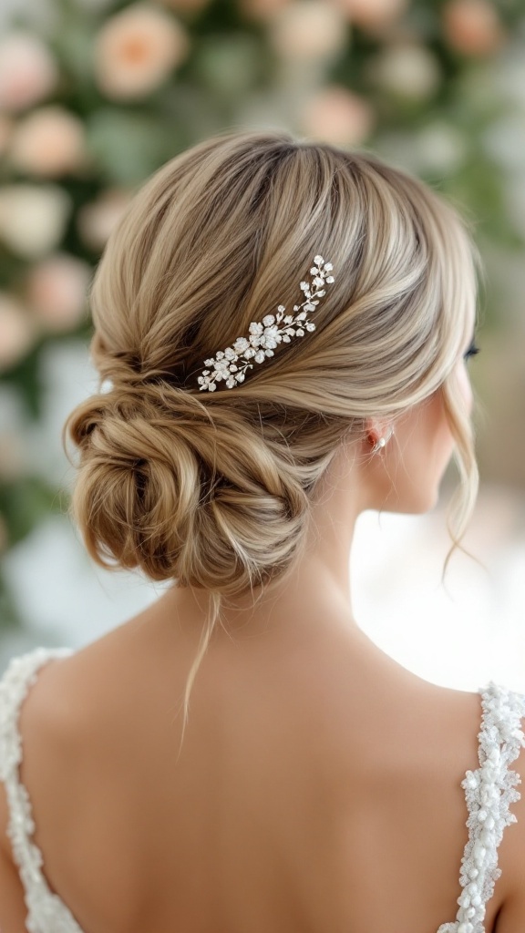 Chic low bun hairstyle adorned with hairpins, perfect for bridesmaids.