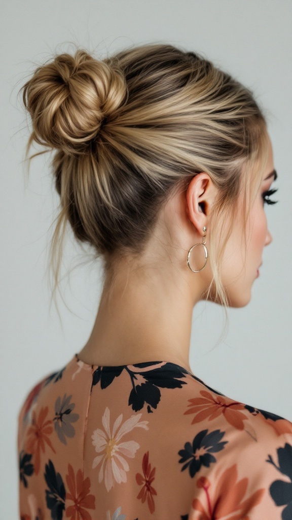 A side view of a woman's chic low bun hairstyle with an undercut, showcasing earrings and floral attire.