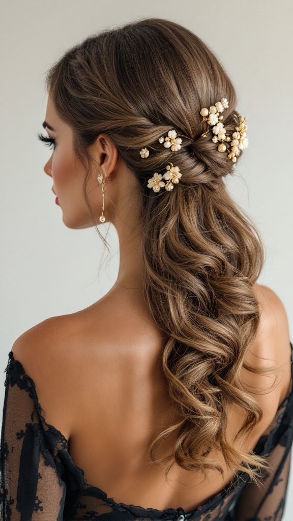 A side view of a low half up half down hairstyle with floral accessories.