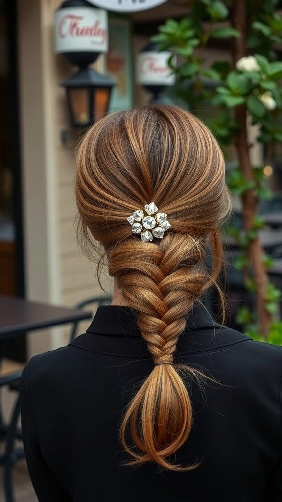 A stylish low ponytail with a braided section and a decorative hairpin, set against a charming outdoor backdrop.