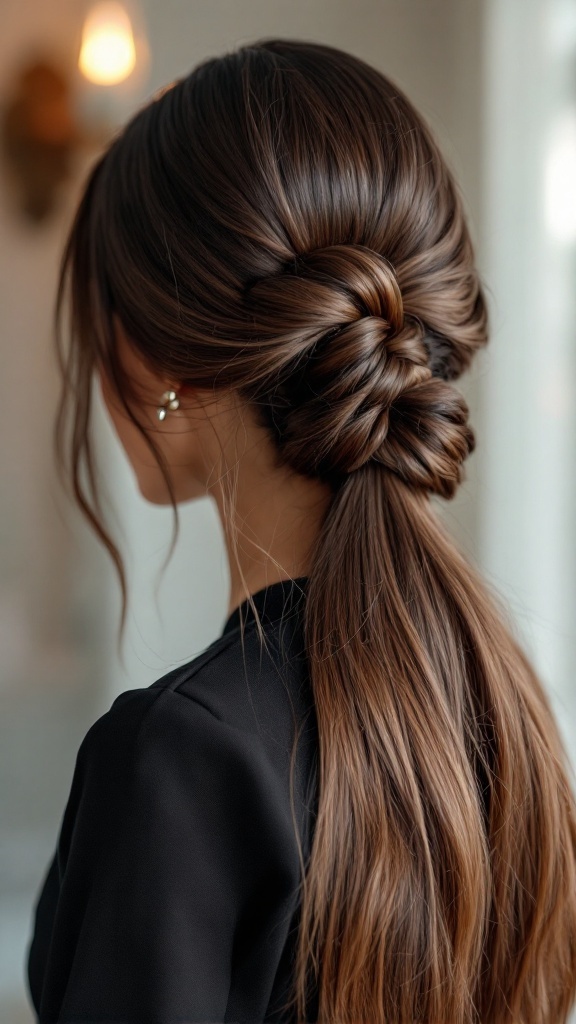 Chic low twist hairstyle secured with a claw clip, showcasing long, shiny hair.