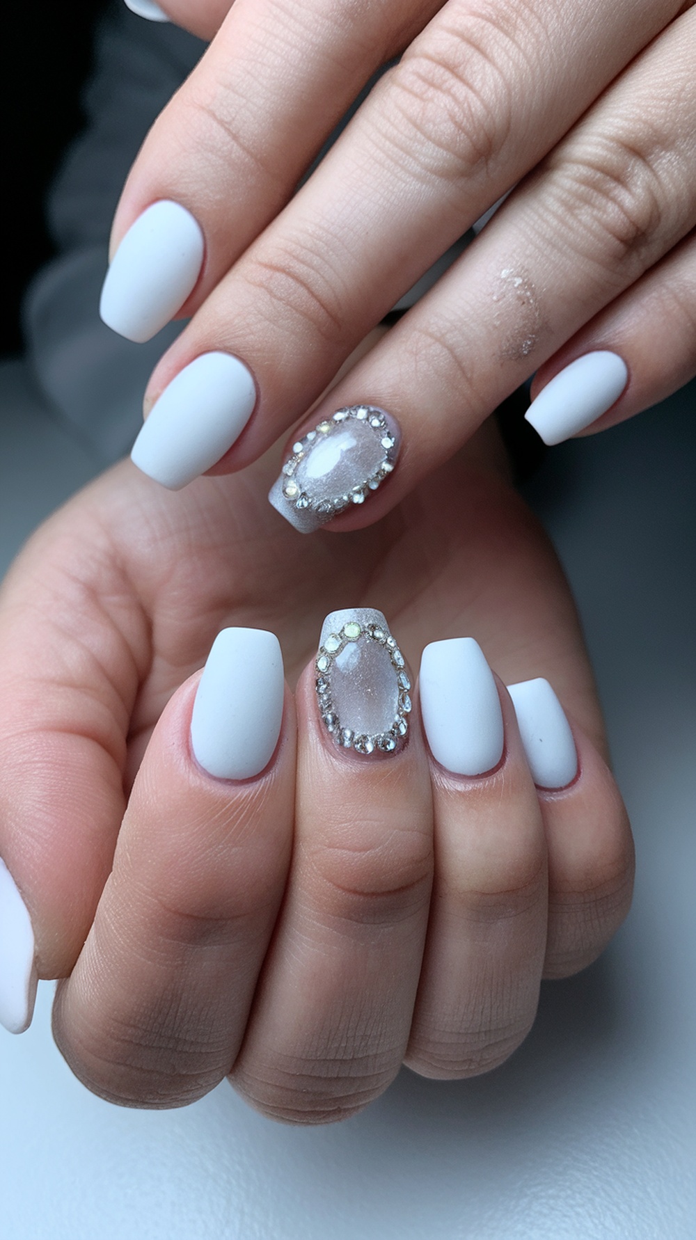 Close-up of a woman's hand showcasing chic matte nails with rhinestones, set in a cozy home environment.