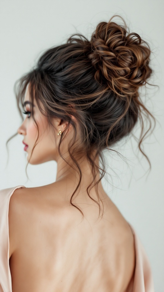 A woman with a chic messy bun hairstyle featuring curly tendrils, elegantly styled for an Indian wedding.