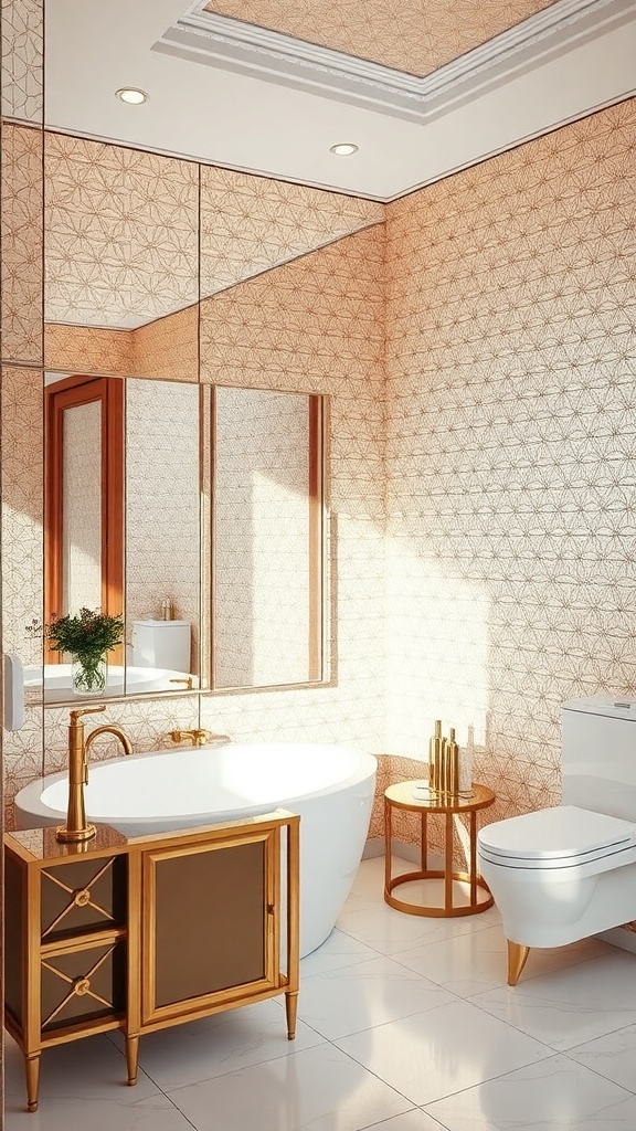 A stylish bathroom featuring metallic accents, geometric wallpaper, a freestanding tub, and a chic vanity.