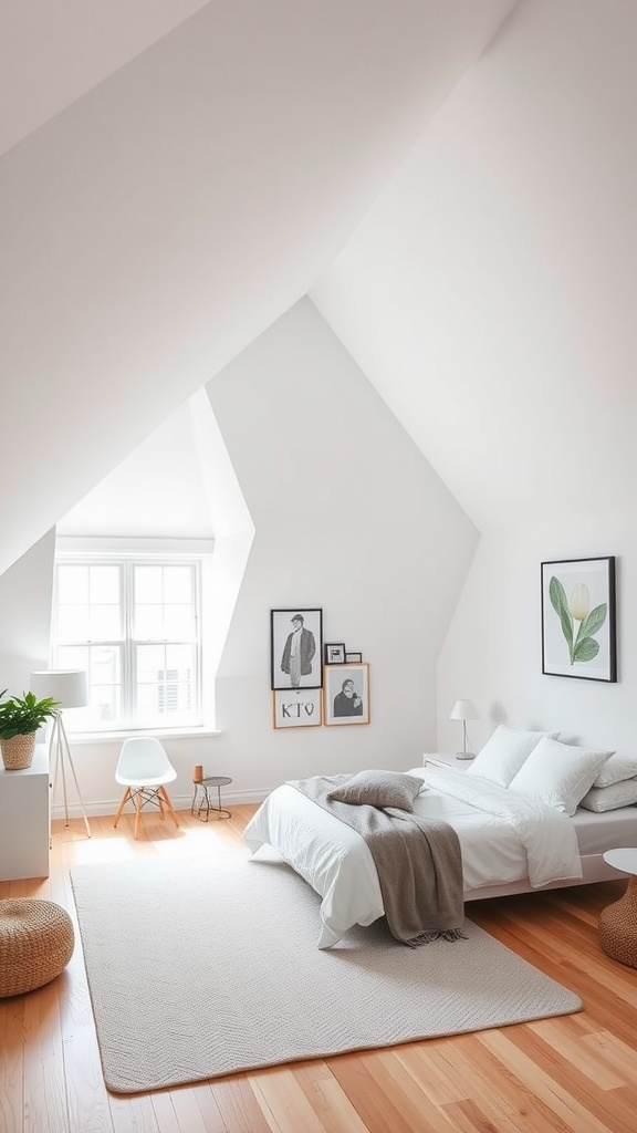 An attic bedroom featuring angled ceilings, a minimalist aesthetic, light colors, and functional furniture.