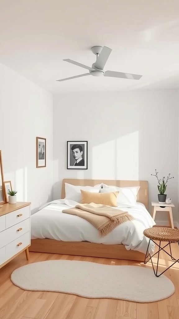 A chic minimalist teen bedroom featuring a wooden bed, cozy bedding, and minimal decor.