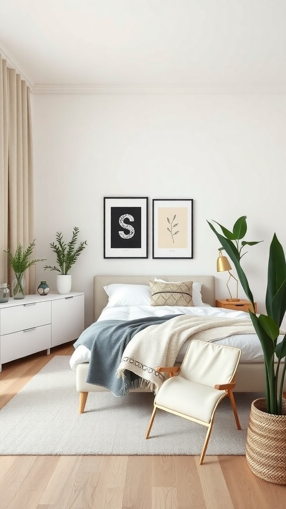 A chic minimalist teen bedroom featuring a cozy bed, framed artwork, and plants.