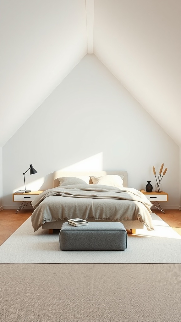 A minimalist bedroom with a sloped ceiling, featuring a bed, nightstands, and an ottoman.