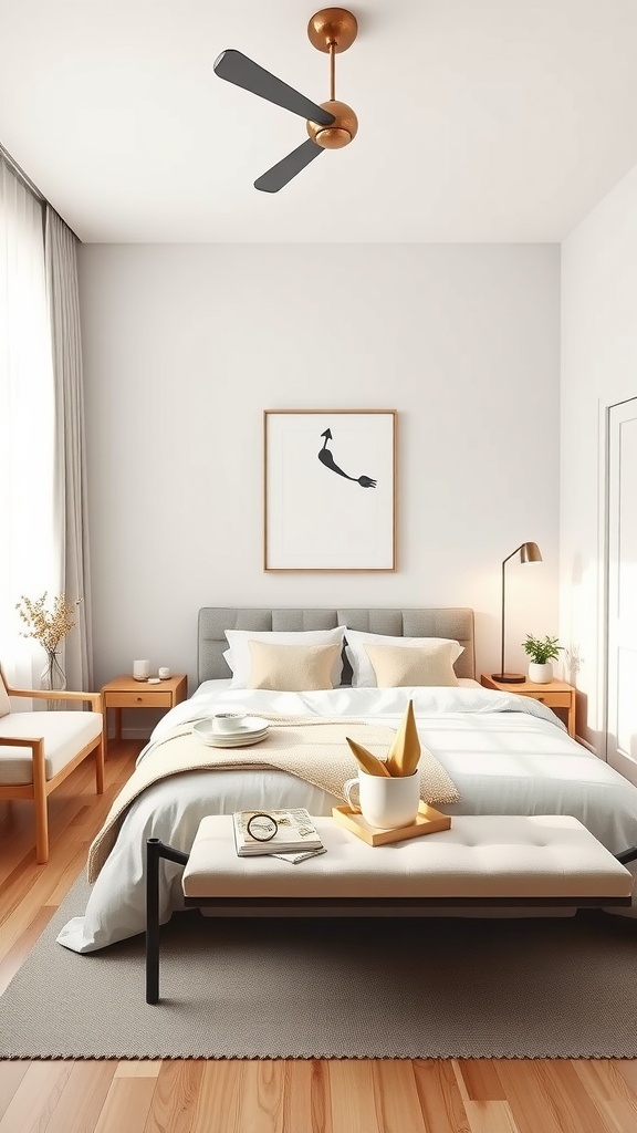 A chic minimalist bedroom featuring a neatly made bed, wooden furniture, and soft natural light.