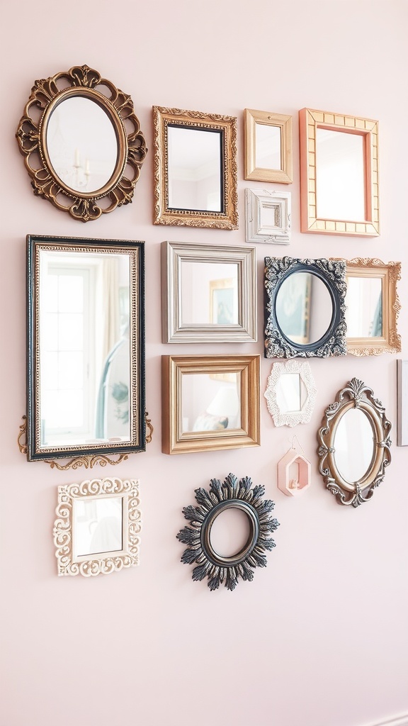 A collection of decorative mirrors in various frames on a pink wall.