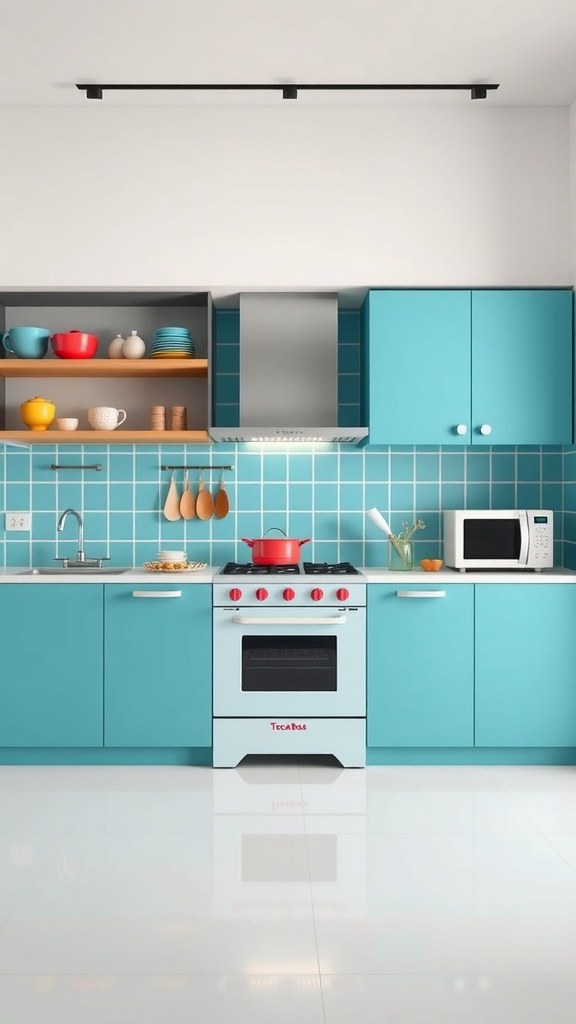 A modern kitchen with turquoise cabinets, a red stove, and colorful dishware on display.