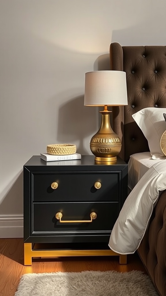 A stylish black nightstand with gold accents, featuring two drawers, a golden lamp, and decorative items.