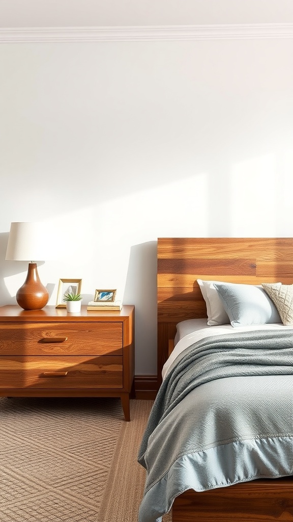 Stylish bedroom with reclaimed wood nightstand and matching bed frame