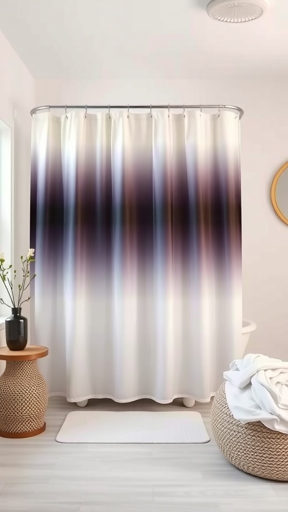 Shower curtain with ombre effect transitioning from white to purple in a stylish bathroom