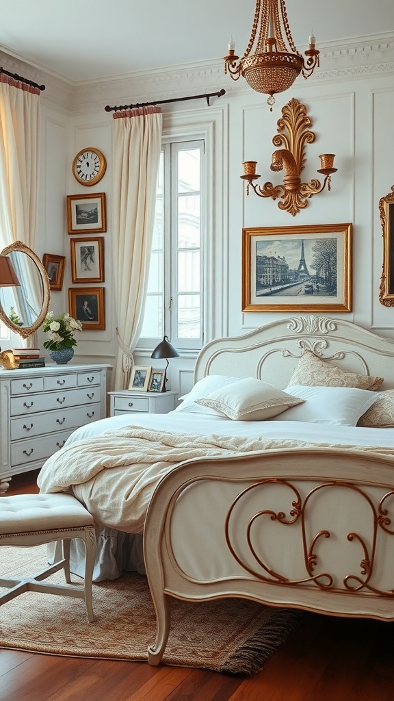 A stylish bedroom featuring a vintage bed, elegant decor, and Parisian-inspired artwork.