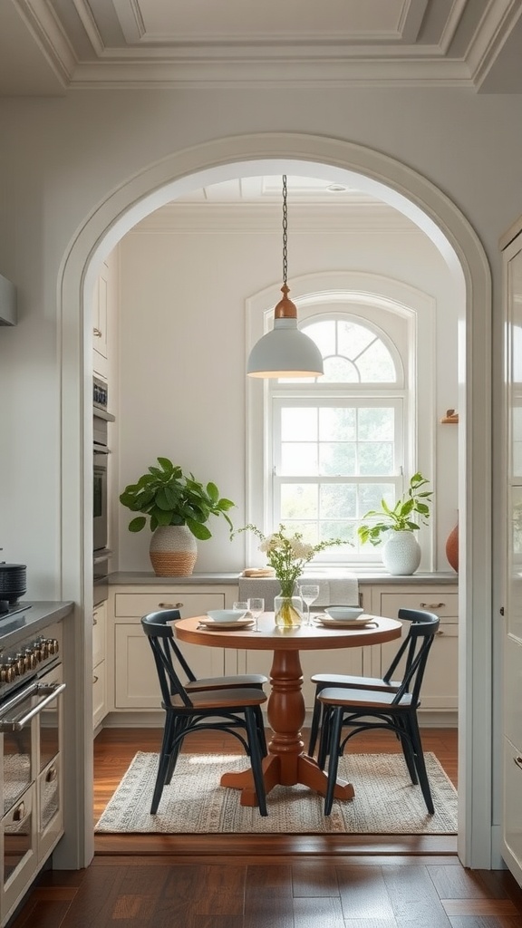 A chic kitchen pass-through featuring a round table, black chairs, and pendant lighting.