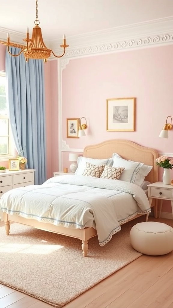 A chic bedroom featuring a pastel color palette with pink walls, light blue curtains, and elegant decor.