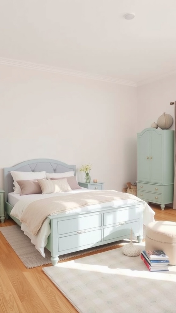 A soft pastel bedroom featuring mint green furniture, a cozy bed with muted bedding, and light wooden flooring.