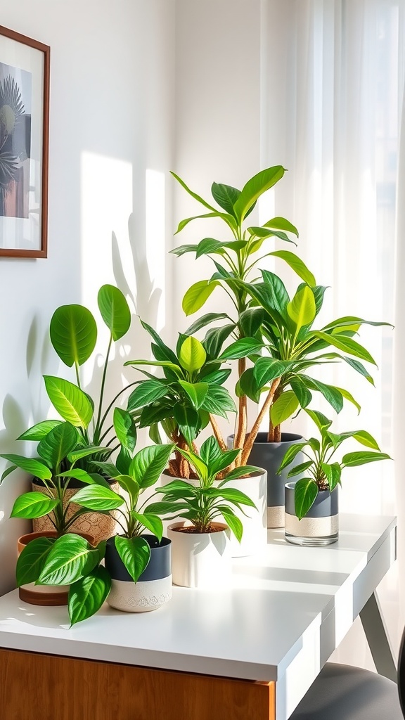 A bright room featuring various chic philodendron plants on a white table, with sunlight streaming through the window.
