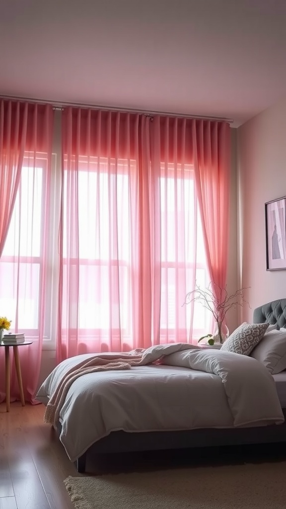 A bedroom with pink sheer curtains, a neatly made bed, and a cozy atmosphere.