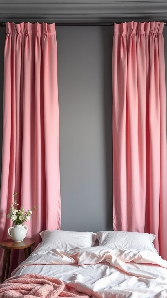 Chic pink curtains hanging against grey walls in a cozy bedroom
