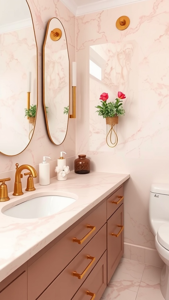Chic bathroom with pink marble countertops and gold fixtures