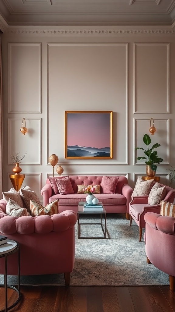 A chic living room with pink velvet sofas and a stylish decor.