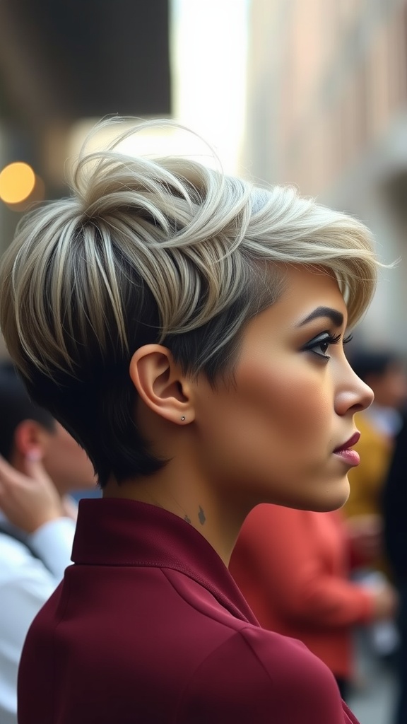 A side profile of a woman with a chic pixie cut, featuring textured short hair with blonde highlights, showcasing a stylish and confident look.