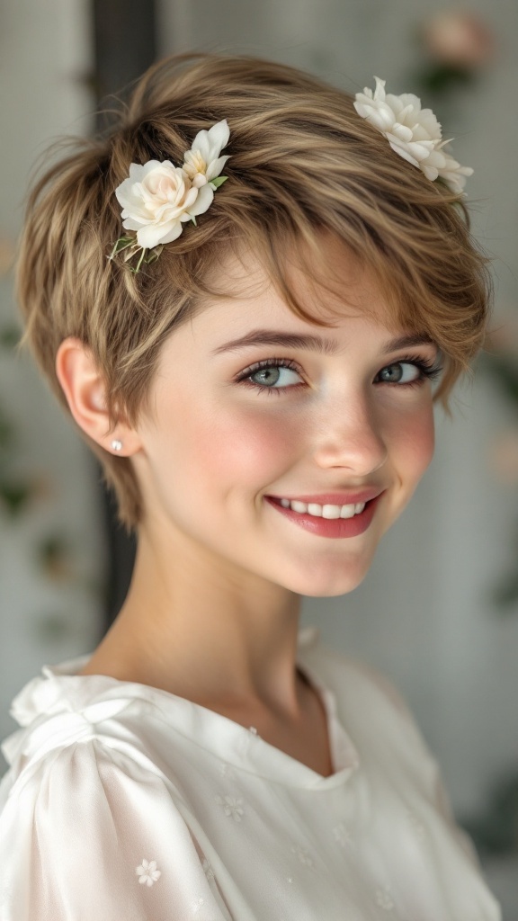 A young girl with a chic pixie cut adorned with floral clips, smiling in a light dress.