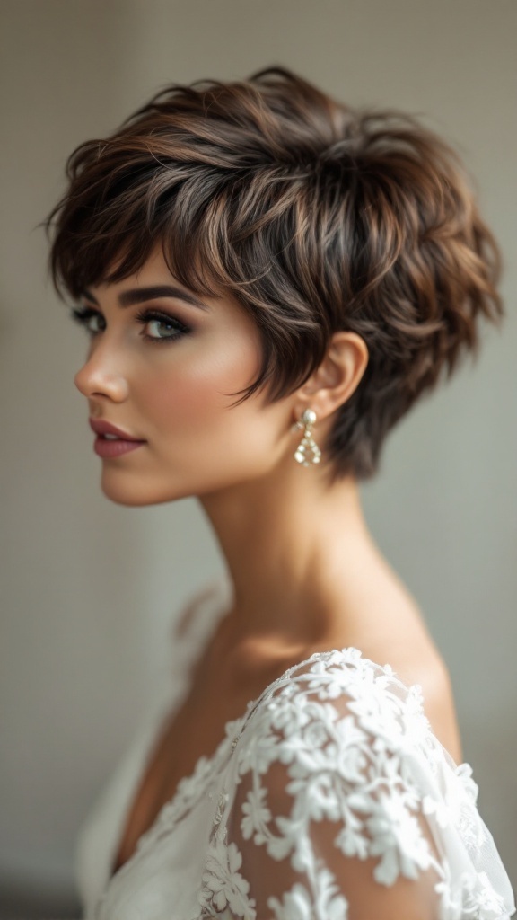 A bride with a chic pixie cut and textured bangs, wearing an elegant dress and jewelry.