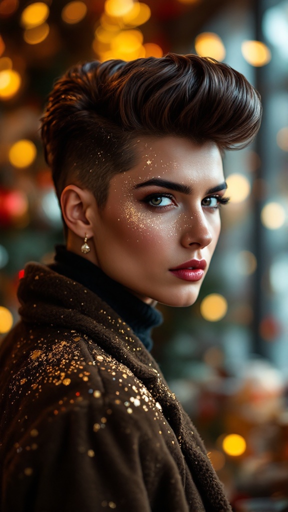 A stylish person with a pompadour hairstyle adorned with glitter, wearing a cozy coat, set against a festive background with glowing lights.