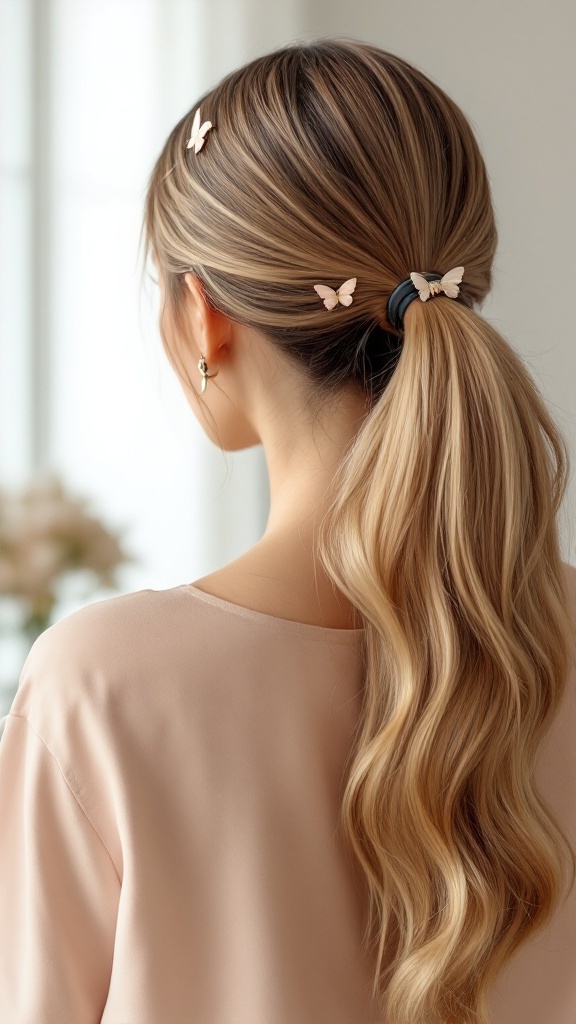 A woman with long hair in a ponytail adorned with butterfly clips.