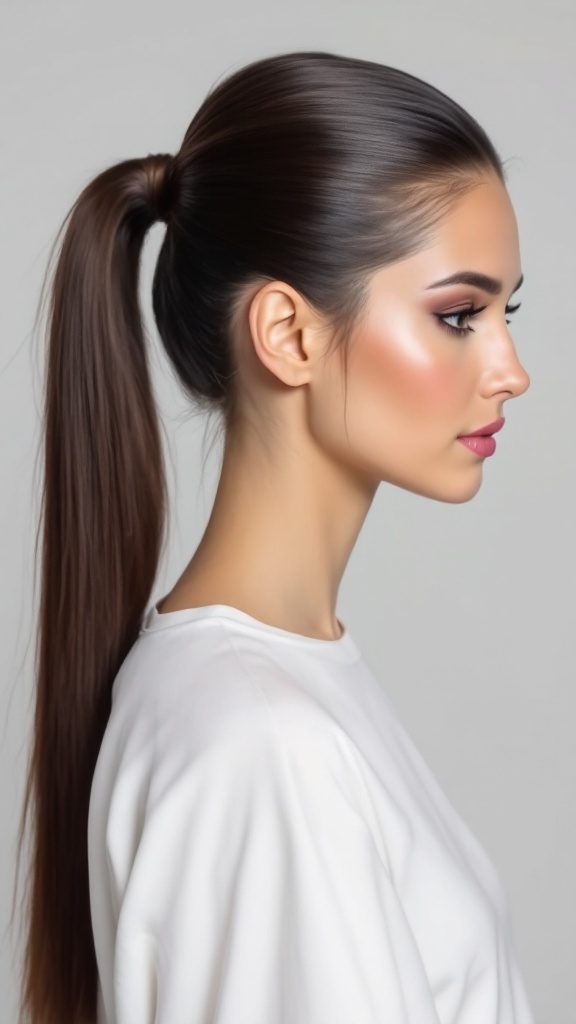 A model with long, sleek hair styled in a high ponytail with a side part.
