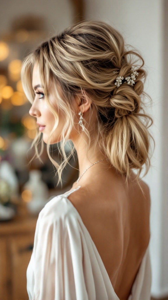 A woman with a chic ponytail hairstyle featuring soft tendrils and floral hair accessories, dressed elegantly for a wedding.