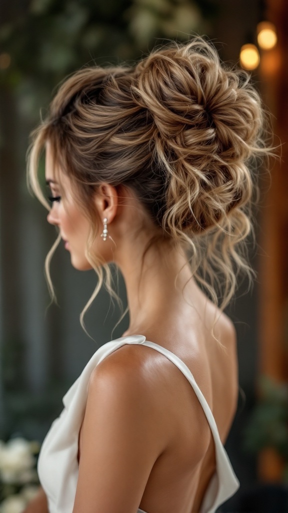 A chic ponytail hairstyle with textured volume, complementing a one-shoulder dress.