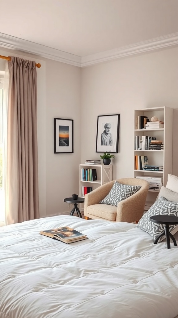 A cozy reading nook in a chic bedroom with an armchair, side table, and bookshelf.