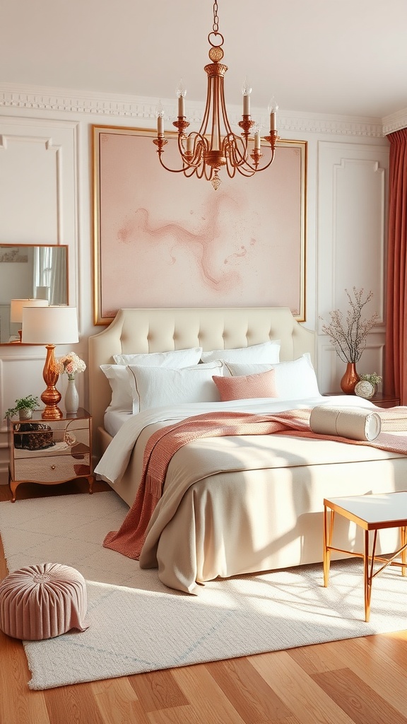 A chic bedroom featuring rose gold decor, soft pink tones, and elegant furnishings.