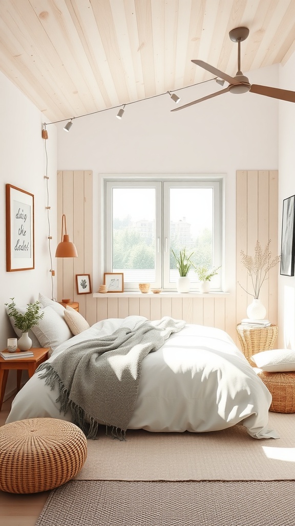 Cozy Scandinavian bedroom with light wood elements, soft bedding, and natural light