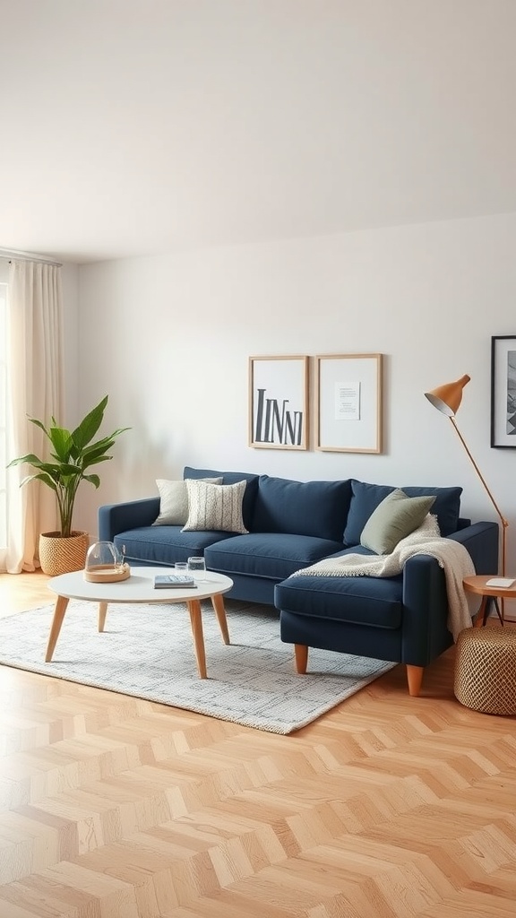 A chic Scandinavian living room featuring a navy blue sofa, light wood flooring, and a simple round coffee table.