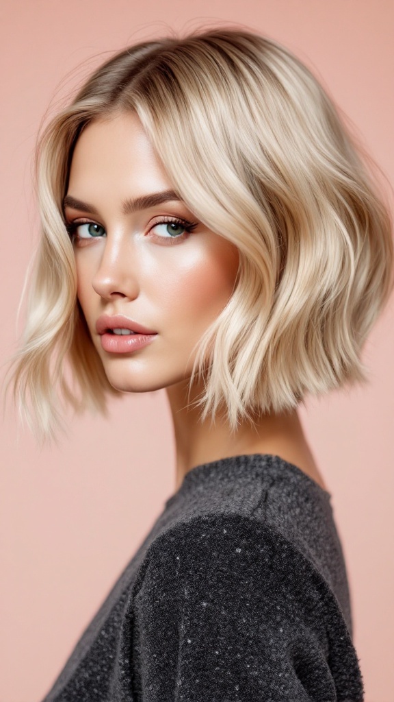 A woman with a chic short bob hairstyle featuring soft layers, looking elegant against a soft pink background.