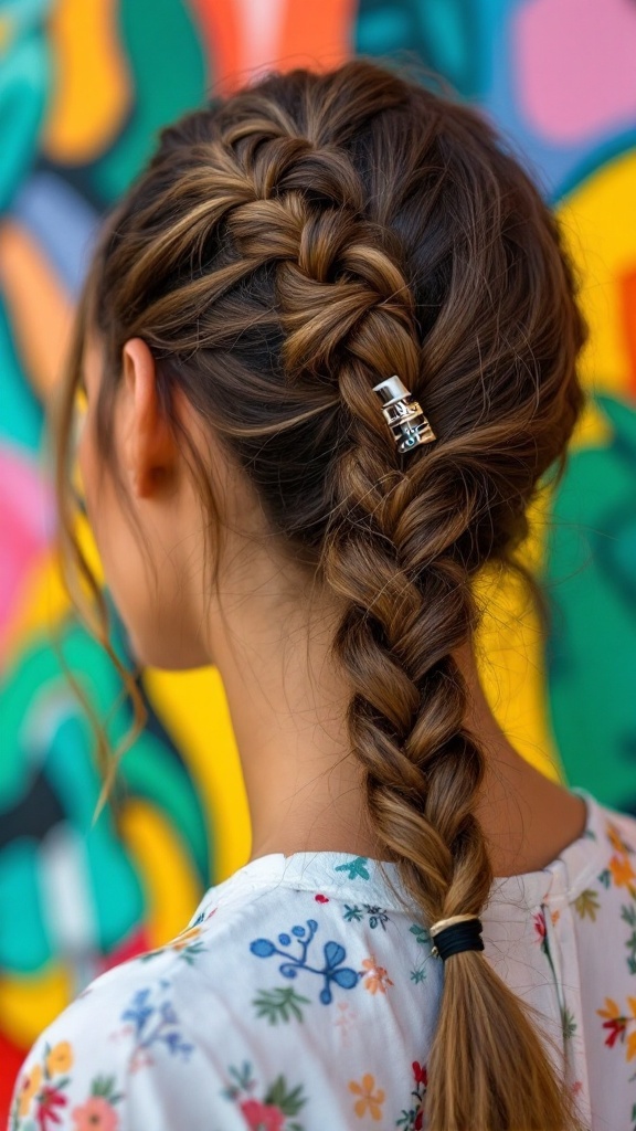 A woman with short hair styled in a side braid secured with a claw clip.