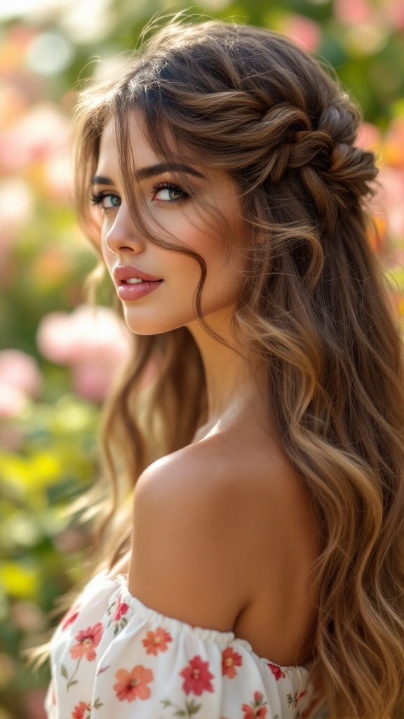 A woman with medium hair styled in a chic side braid and loose waves, surrounded by colorful flowers.