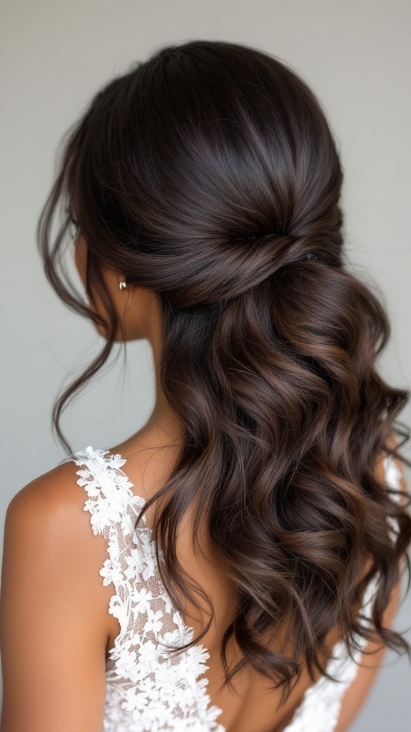 A woman with black hair styled in a chic side swoop with soft waves, wearing a white lace dress.