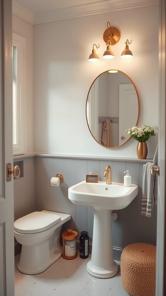 Chic powder bathroom featuring a stylish pedestal sink, gold faucet, round mirror, and elegant lighting.