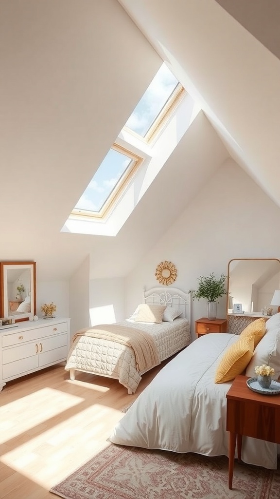 A cozy bedroom with sloped ceiling featuring two skylights, light-colored walls, and warm wooden flooring.