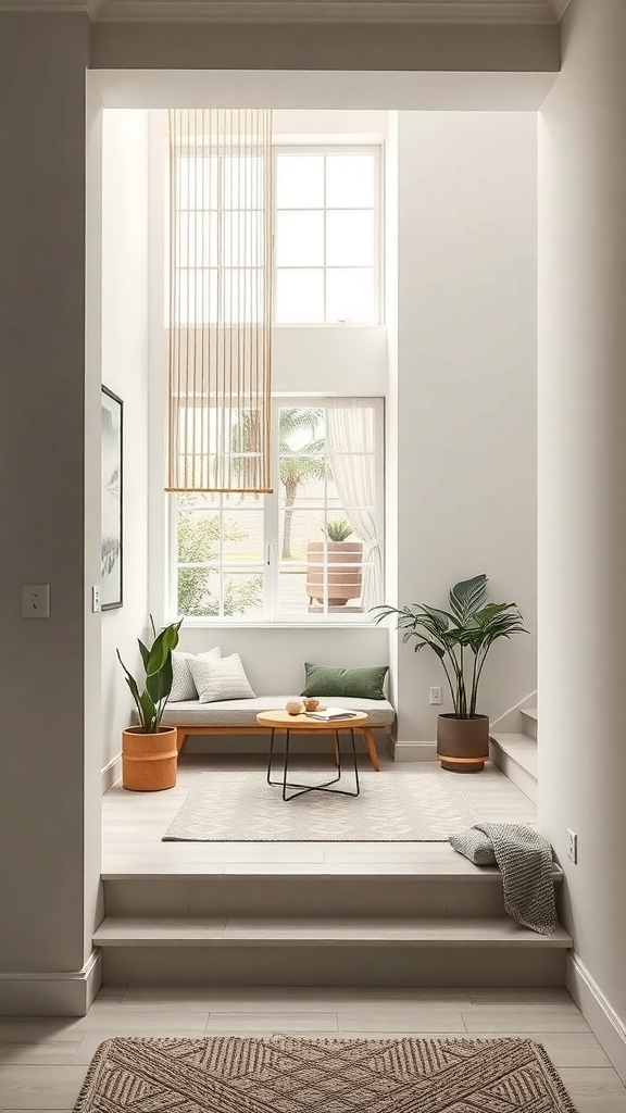 Stylish staircase landing with seating, plants, and natural light