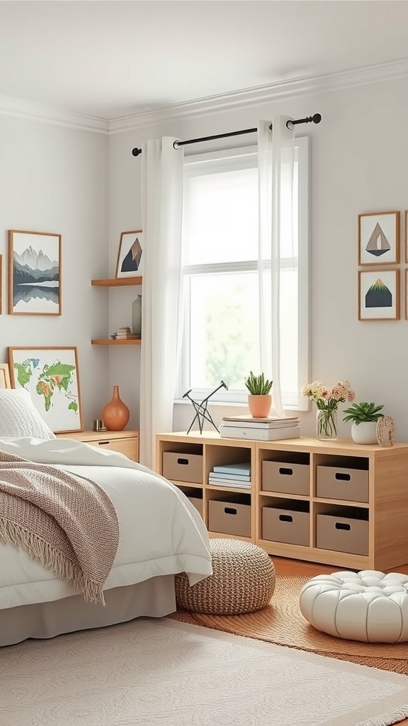 A soft girl bedroom featuring a storage unit with boxes, a cozy bed, and decorative elements.
