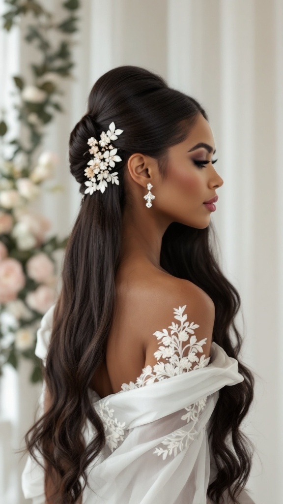 A woman with long straight hair styled with floral hair accessories, showcasing a chic bridesmaid hairstyle.