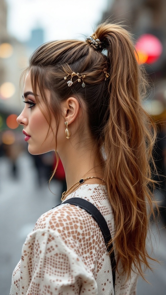 A woman with straight hair styled in a half ponytail adorned with hair accessories